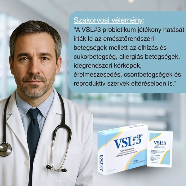A square-ratio ad featuring a professional doctor figure alongside the VSL#3 probiotic product and a text-based testimonial about its health benefits.
